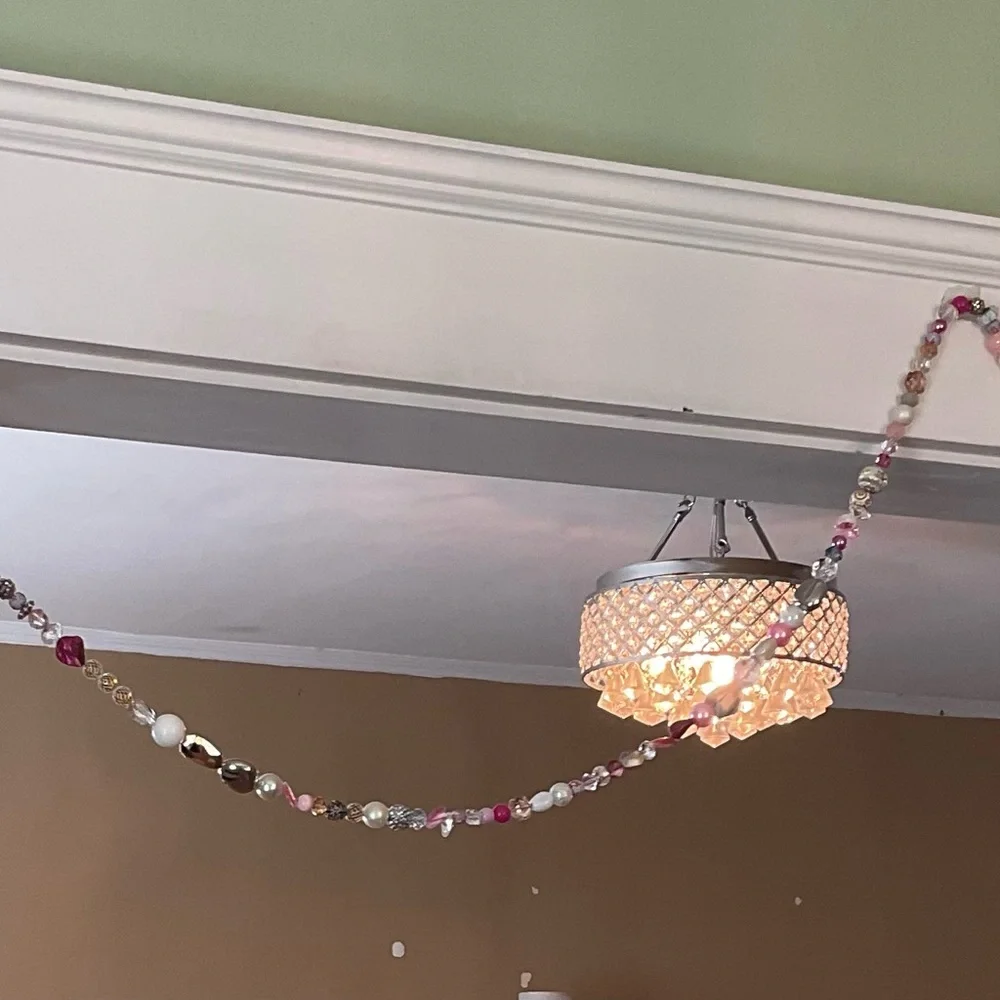 Garland, beaded- pink, gold, silver, crystal, clear. Over 8’